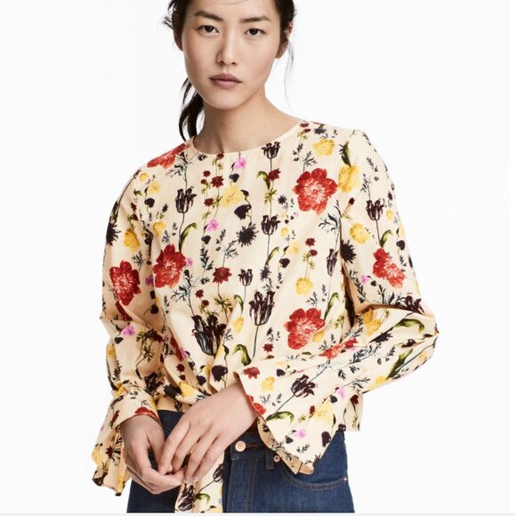 H&M Floral Bell Sleeve Crop Top Beige Tie Front Key Hole Size 6 NEW WITH TAG! - Picture 1 of 7